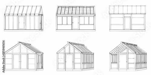Architectural blueprints displaying various shed and greenhouse designs in line art