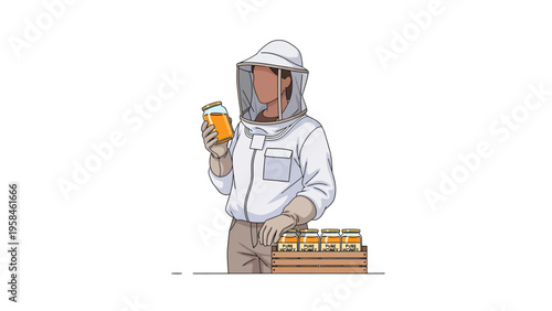 A beekeeper holding jar of honey: An illustration depicts a beekeeper, dressed in protective attire, inspecting a jar of honey, showcasing the essence of natural beekeeping.