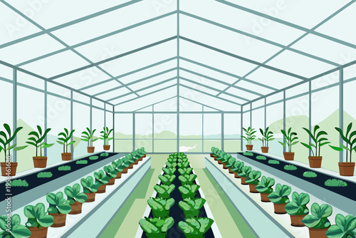 Inside a vibrant greenhouse with rows of potted plants and vegetables