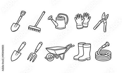 Collection of hand-drawn gardening tools and equipment for outdoor activities