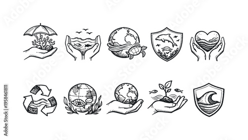 Collection of hand-drawn icons symbolizing environmental protection and conservation efforts