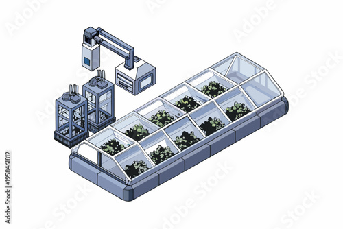 Isometric illustration of a futuristic greenhouse with robotic arm technology