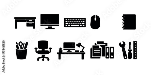 Collection of office and workshop icons representing work and productivity