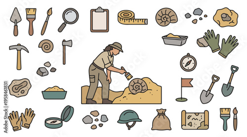 Female Paleontologist on Excavation Site with Ancient Mollusk and Ammonite Fossils