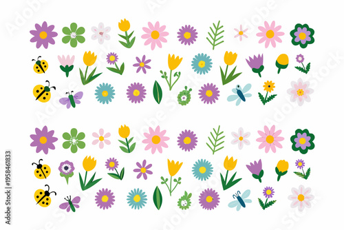 Colorful arrangement of flowers insects and greenery in a repeating pattern