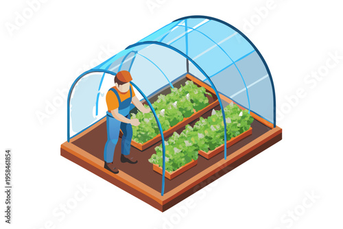 Isometric illustration of a gardener working inside a small greenhouse