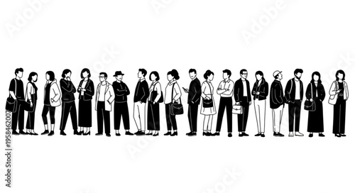 Monochrome Crowd Illustration - Diverse People Standing in a Line.