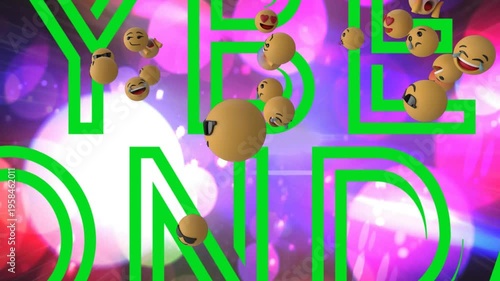 Multiple face emojis floating over cyber monday text against colorful spots of bokeh lights