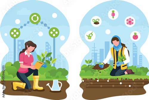 Women gardening and nurturing plants within protective dome structures