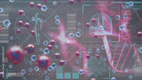 Animation of covid 19 virus cells over data processing on grey background