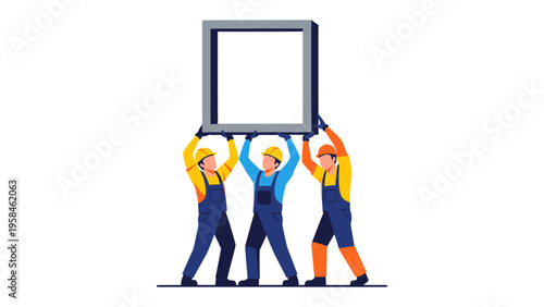 Construction Team: A skilled construction team works together, meticulously raising a window frame, highlighting teamwork and precision in building construction.