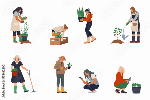Diverse people engaged in various gardening activities outdoors