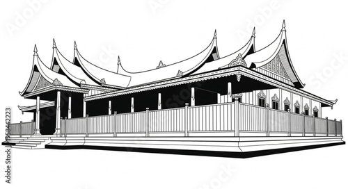 Detailed Architectural Drawing of a Traditional Asian Building.