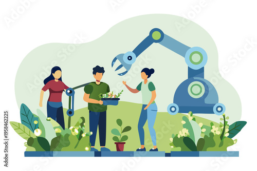 People interacting with robotic arms in a modern collaborative environment