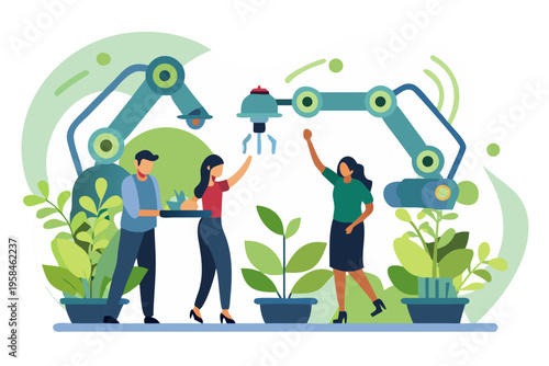 Human interaction with robotic arms amidst lush greenery and abstract shapes