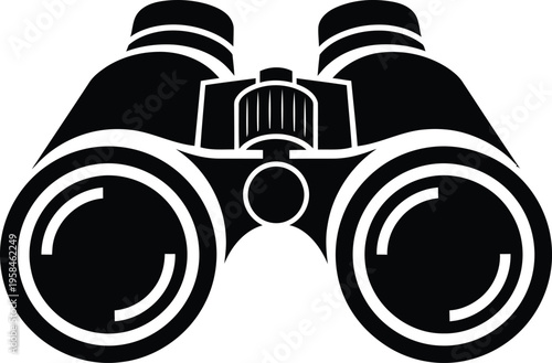A black and white illustration of a pair of binoculars on a plain background