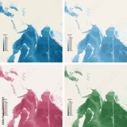 Indian Ocean Routes Bathymetric Ocean Depth Map - Gnomonic Projection - Scalable Multi-Color Seafloor Relief Topography with Depth Legend Showing Continental Shelves Mid-Ocean Ridges and Abyssal