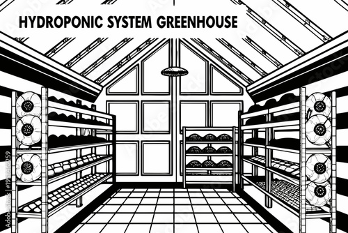 Detailed illustration of a hydroponic greenhouse with tiered plant shelving