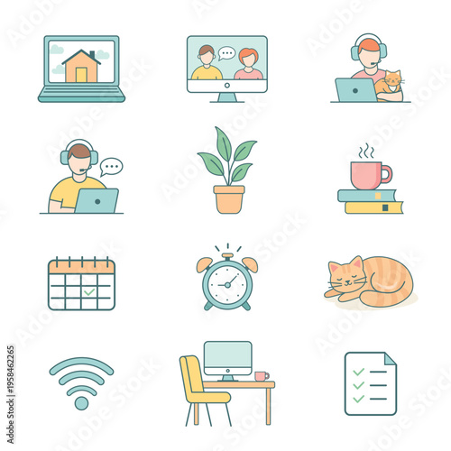Work from home icons set, remote work and freelance lifestyle flat line illustration. Set of modern flat line icons representing work from home and remote lifestyle. Includes home office