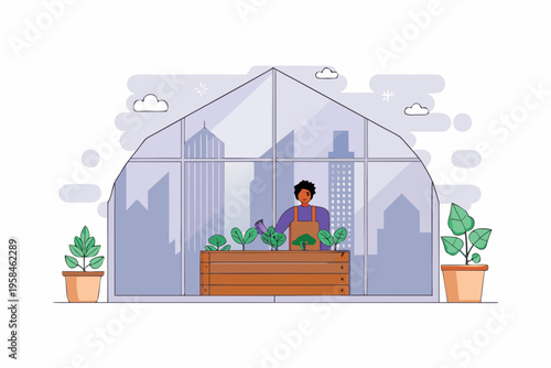 Woman tending to plants inside a modern greenhouse with a city backdrop