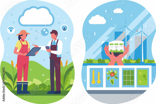 Sustainable agriculture and technology farmers discussing data and future growth