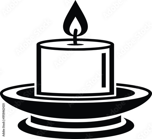 A black and white illustration of a lit candle in a holder