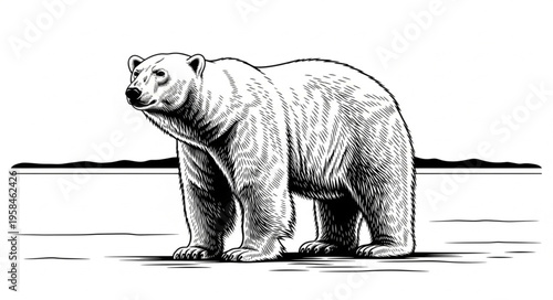 Detailed Black and White Illustration of a Majestic Polar Bear Standing Tall.