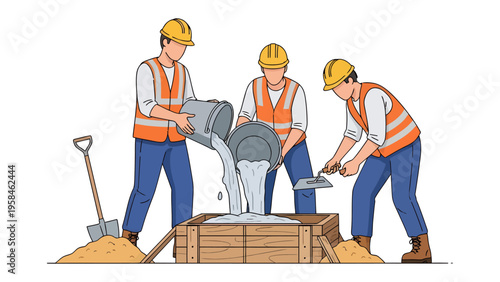 Construction Workers Pouring Cement: A trio of construction workers diligently pouring cement into a wooden form, ready to begin the next stage of the building process.
