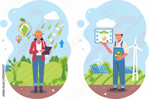 Sustainable farming and renewable energy solutions illustrated with diverse people