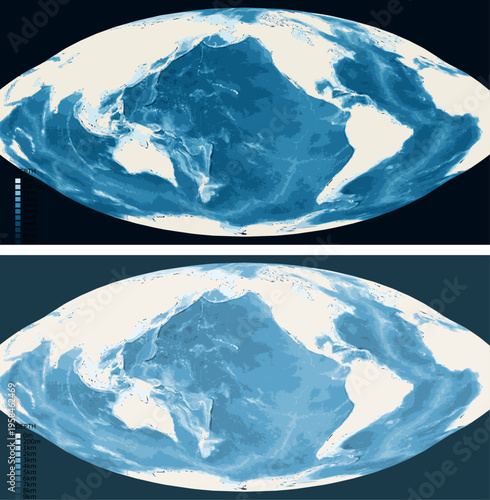 Interrupted Ocean Focus Bathymetric Ocean Depth Map - Goode Homolosine Projection - Scalable Multi-Color Seafloor Relief Topography with Depth Legend Showing Continental Shelves Mid-Ocean Ridges and