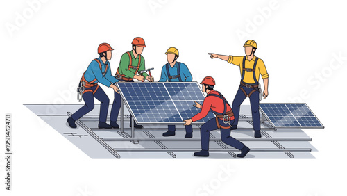 Solar Panel Installation Team: A team of skilled technicians is seen installing solar panels on a rooftop, promoting sustainability and renewable energy solutions.
