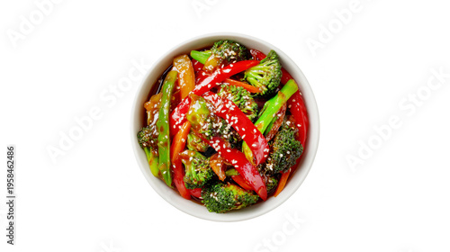 Stirfry vegetables with broccoli and red bell peppers in a white bowl isolated on transparent background