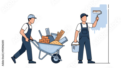Construction Workers at Work: Illustration capturing two construction workers engaged in building and painting, with the tools of their trade.