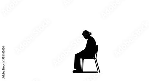 Silhouette of a person sitting on a chair in a melancholic pose on white background