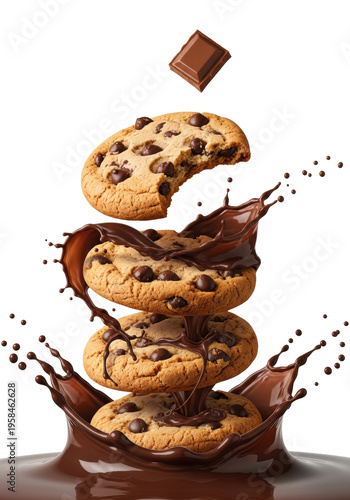 Stack of four chocolate chip cookies with a bite mark in a dynamic dark cocoa milk splash on a white background with copy space, concept for dessert advertising