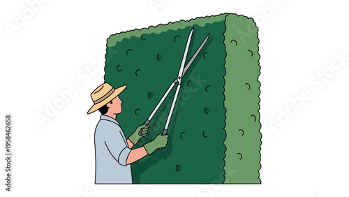 Trimming the Green Wall: A diligent individual meticulously trims a dense, verdant hedge with long shears, shaping the foliage with precision and care.