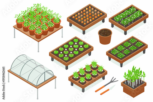 Isometric gardening set with seedlings tools and a small greenhouse