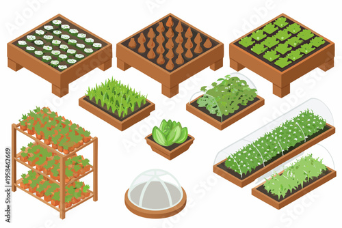 Isometric view of various garden beds and seedling propagation setups