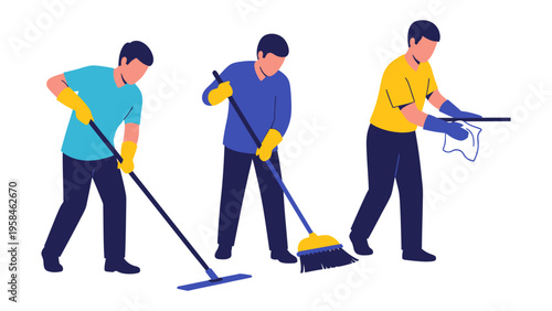 Team Cleaning: Three workers meticulously tackle cleaning tasks, a display of diligence, using essential tools and supplies to get it done.