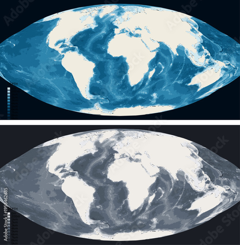 Interrupted Standard Land Bathymetric Ocean Depth Map - Goode Homolosine Projection - Scalable Multi-Color Seafloor Relief Topography with Depth Legend Showing Continental Shelves Mid-Ocean Ridges