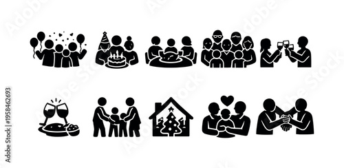 Collection of diverse family and celebration icons depicting togetherness and joy
