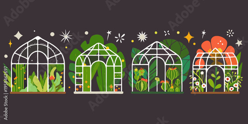 Four decorative greenhouses showcase plant growth through different seasons