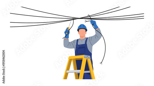 Electrician at Work: An electrician skillfully works on electrical wires, meticulously focused on his task while standing on a step ladder. Showing precision and expertise in electrical work.