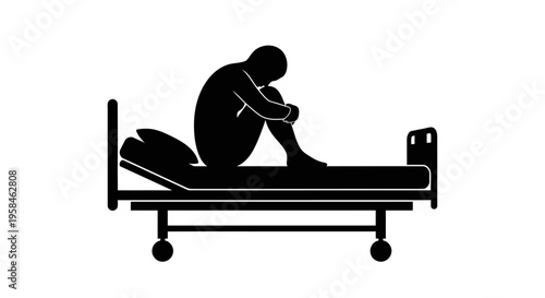 Depressed person sitting alone on hospital bed with pillow and blanket