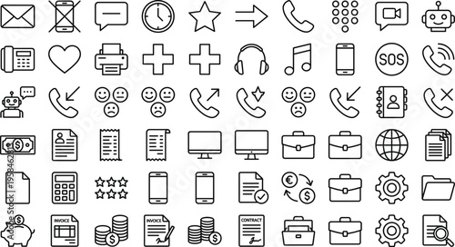 Communication Business Finance Line Icon Set with Phone Calls Messages Invoices Contracts Devices Ratings Support Productivity Interface Symbols for Websites Apps UI UX Design Projects