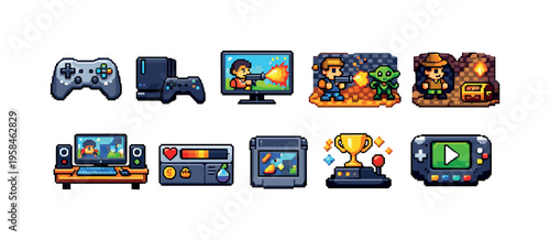 Collection of retro pixel art icons representing various video game elements and consoles
