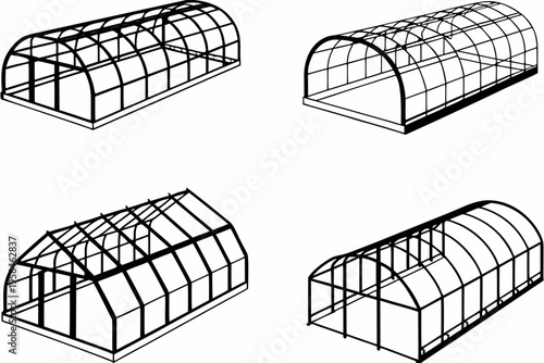 Architectural diagrams of curved structures possibly greenhouse frames are displayed