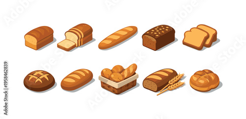 Assortment of delicious baked bread varieties in isometric view