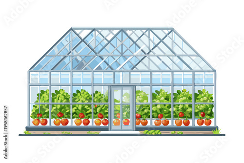 A quaint greenhouse filled with vibrant plants and ripening red tomatoes