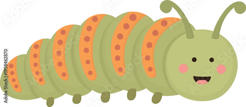 Illustration of green caterpillar with funny smiling face and decorated with whimsical pattern. Cute insecton isolated on white background. 